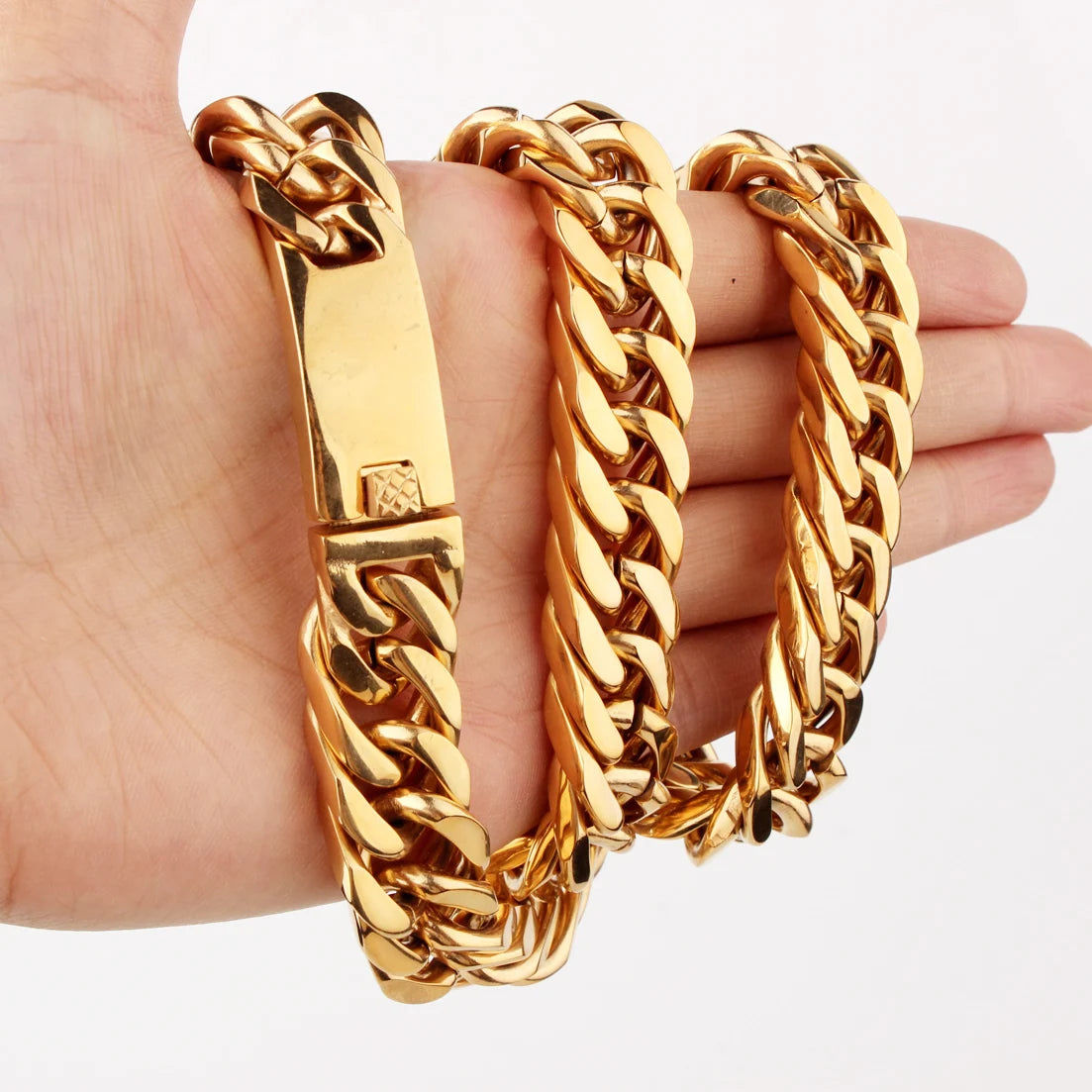 15mm 7-40inch Gold Color Stainless Steel Jewelry Curb Cuban Link Chain Choker Men's Necklace