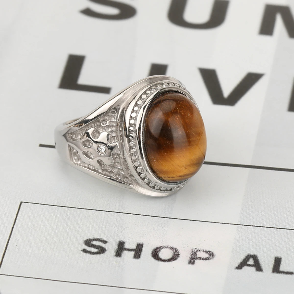 316L Stainless Steel With Tiger Eye Stone Ring For Men Women