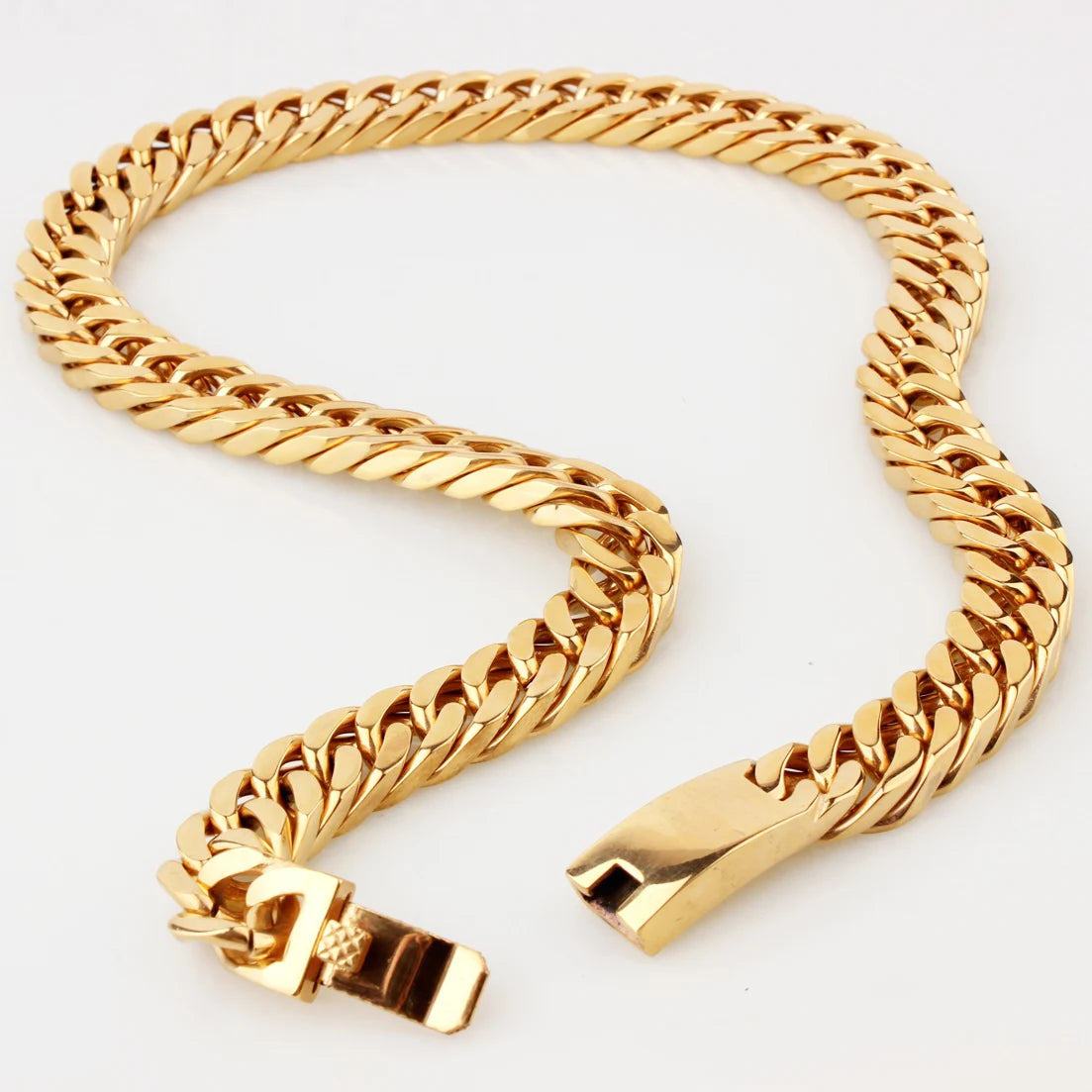 15mm 7-40inch Gold Color Stainless Steel Jewelry Curb Cuban Link Chain Choker Men's Necklace