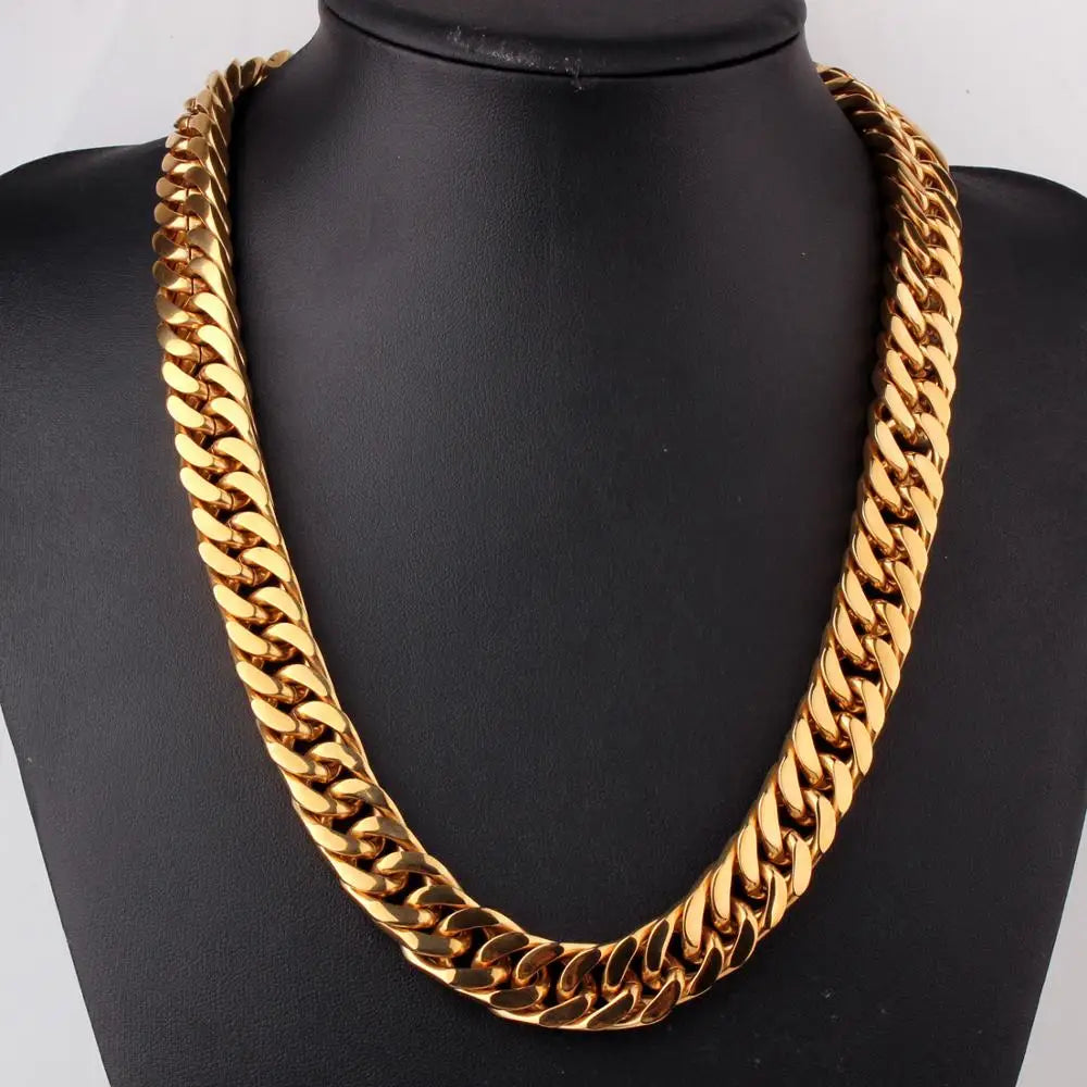 15mm 7-40inch Gold Color Stainless Steel Jewelry Curb Cuban Link Chain Choker Men's Necklace