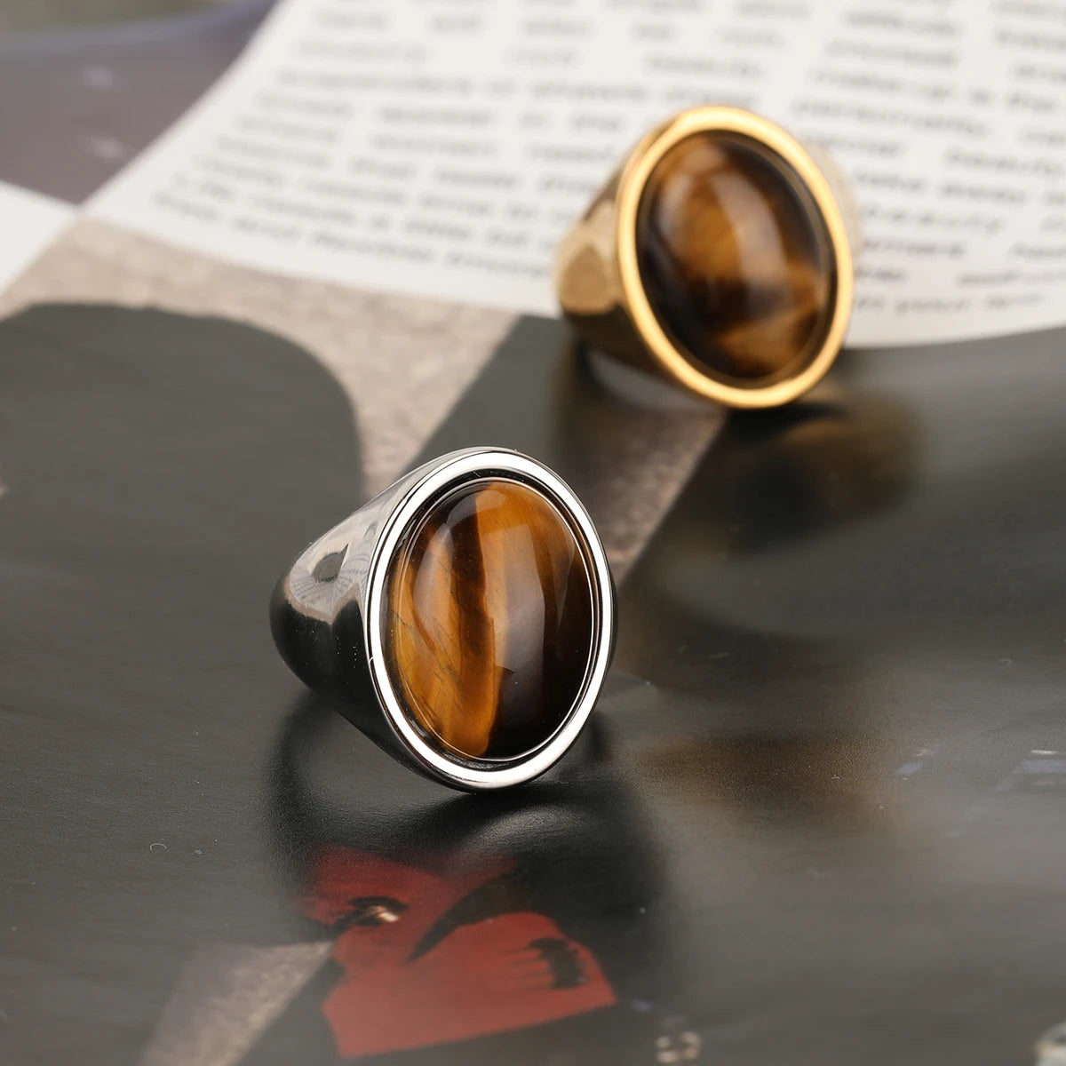 316L Stainless Steel With Tiger Eye Stone Ring For Men Women