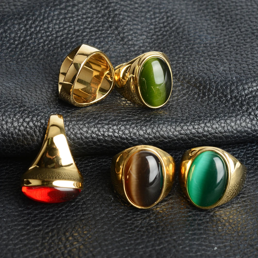 Stainless Steel RING FOR MEN WOMAN With White Oval Cat's Eye Opal Silver Color Exaggerated Decorate Fashion Jewelry
