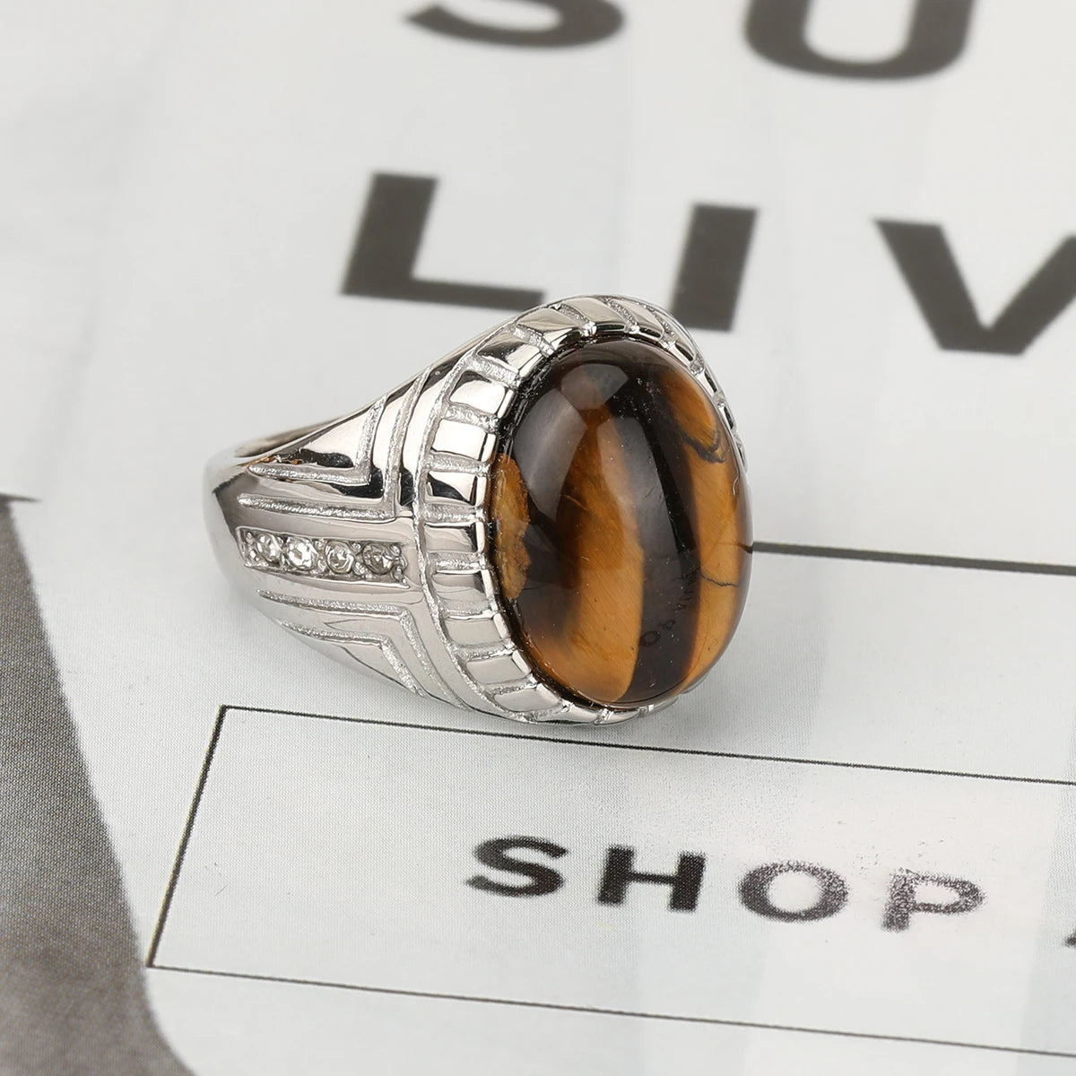 316L Stainless Steel With Tiger Eye Stone Ring For Men Women