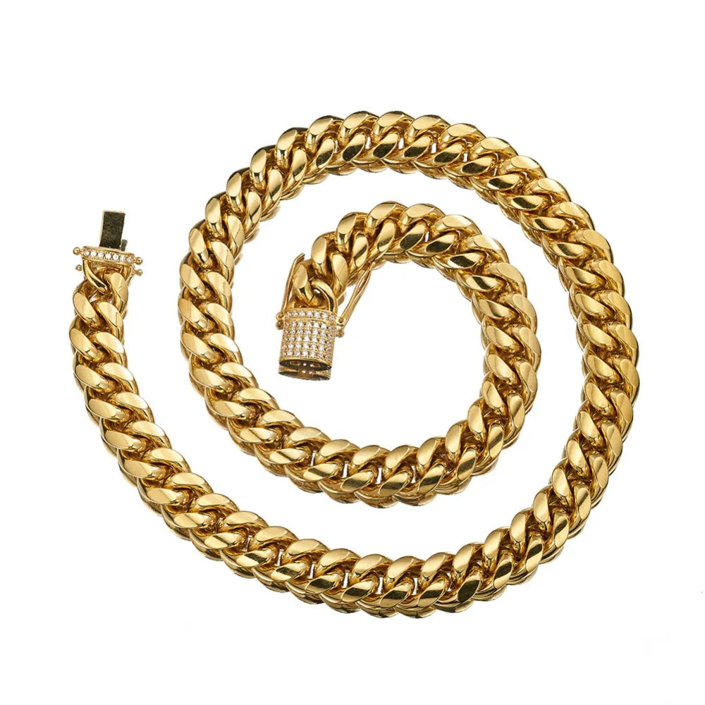Stainless Steel Silver Color Cuban Miami Chains Necklaces CZ Zircon
