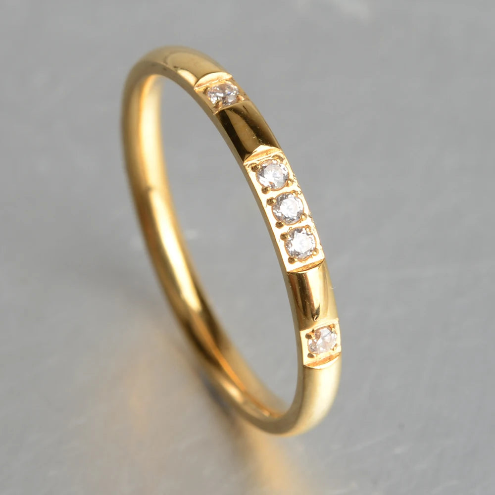 2mm Gold Silver-Color Smooth Wedding Rings With AAAAA Cubic Zirconia For Women 316L Stainless Steel