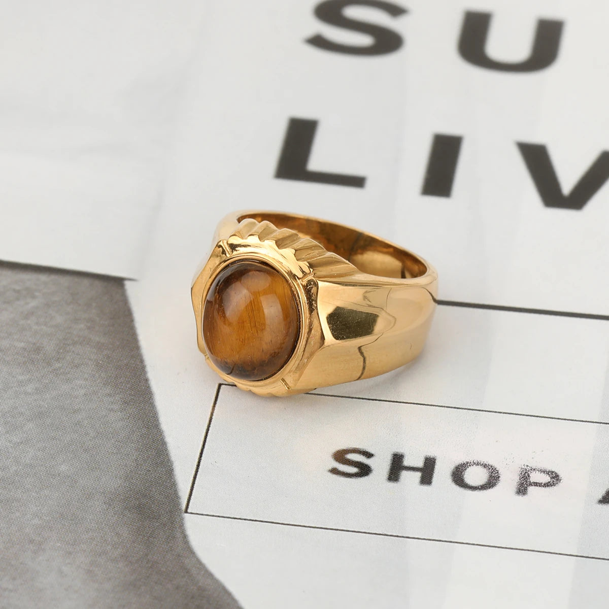 316L Stainless Steel With Tiger Eye Stone Ring For Men Women