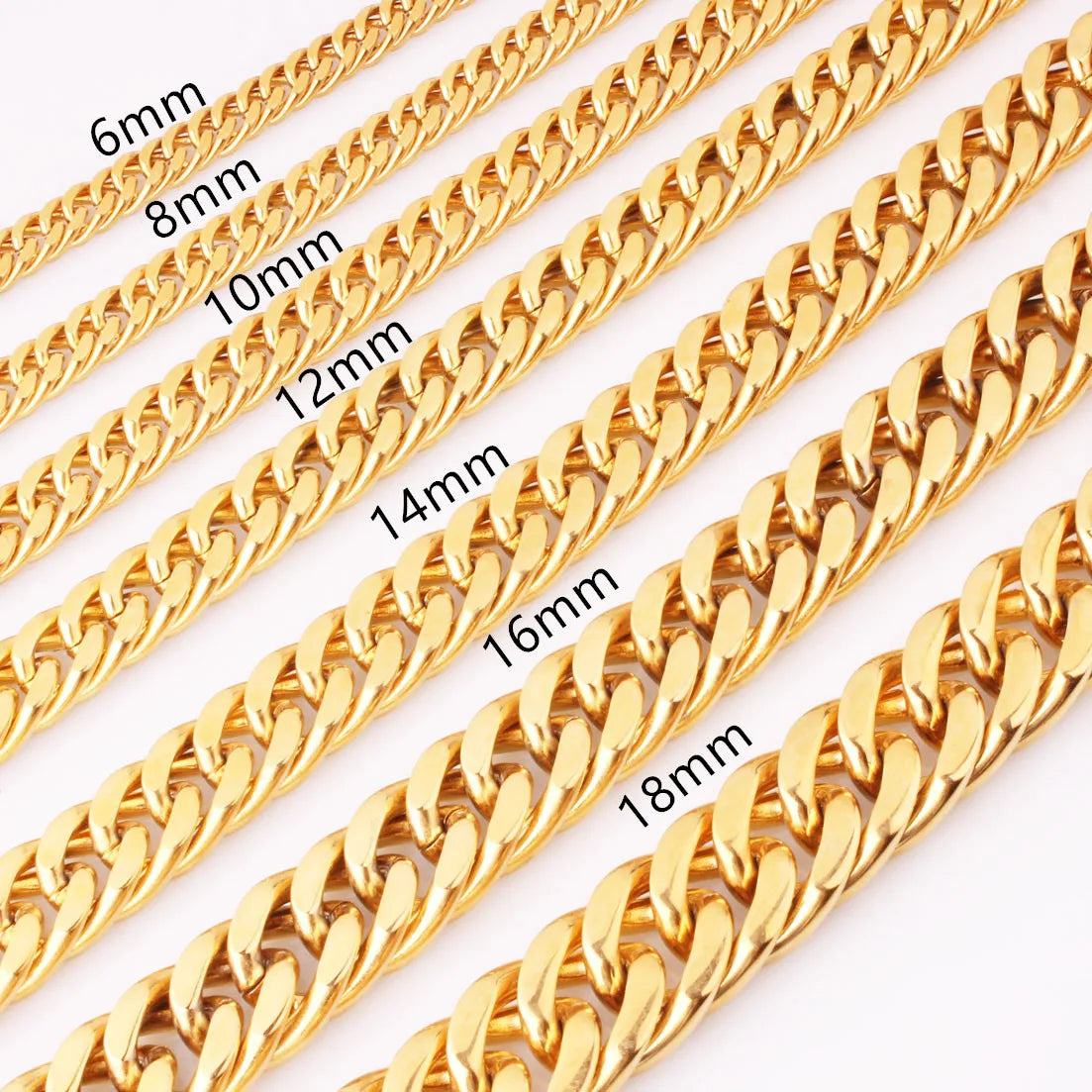 15mm 7-40inch Gold Color Stainless Steel Jewelry Curb Cuban Link Chain Choker Men's Necklace