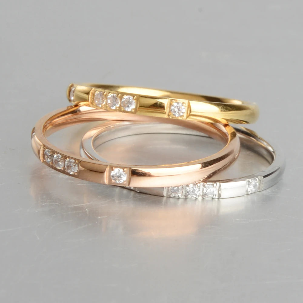 2mm Gold Silver-Color Smooth Wedding Rings With AAAAA Cubic Zirconia For Women 316L Stainless Steel
