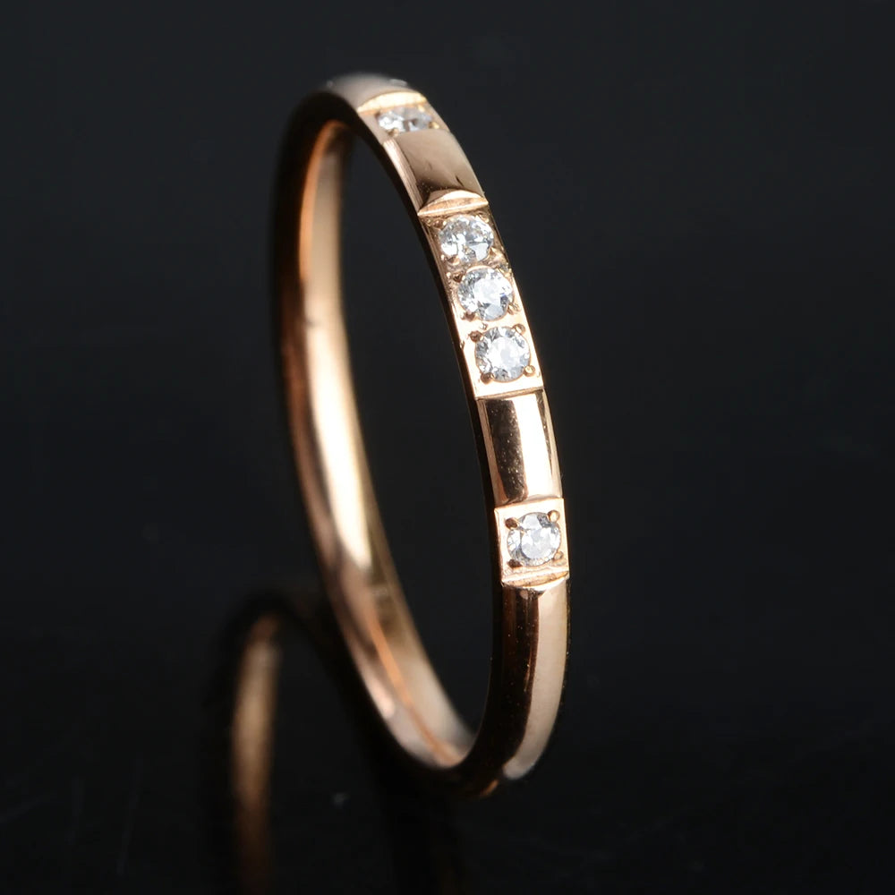 2mm Gold Silver-Color Smooth Wedding Rings With AAAAA Cubic Zirconia For Women 316L Stainless Steel