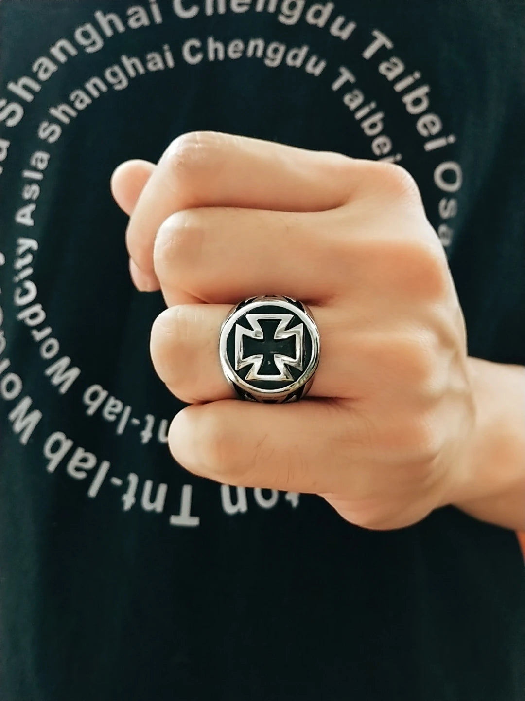 316L Stainless Steel High quality Cool Fashion Iron Cross Ring Man Black Oil Painting jewelry