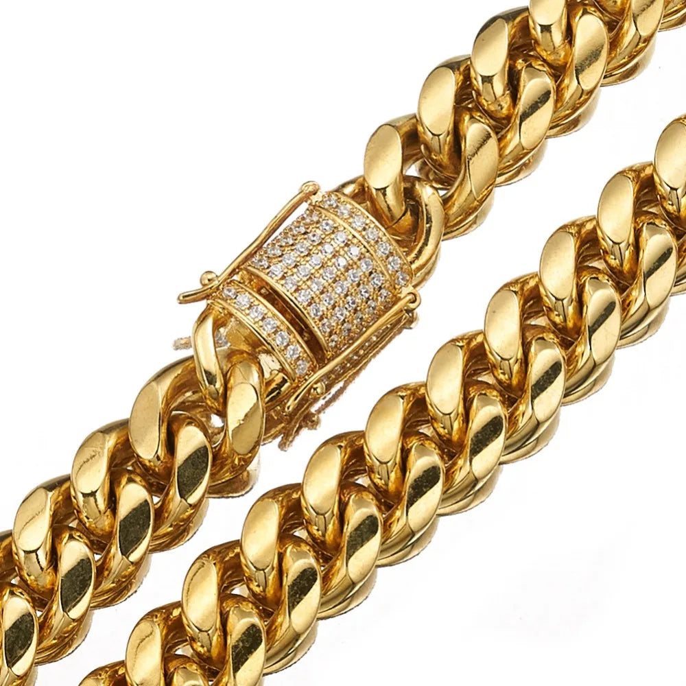 Stainless Steel Silver Color Cuban Miami Chains Necklaces CZ Zircon