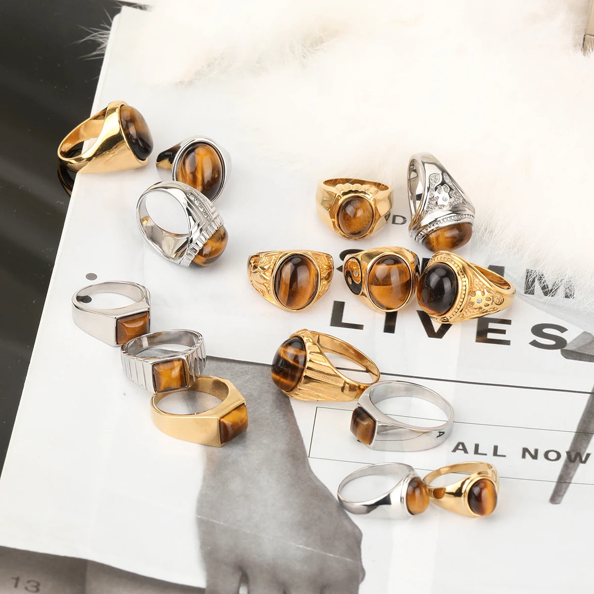316L Stainless Steel With Tiger Eye Stone Ring For Men Women