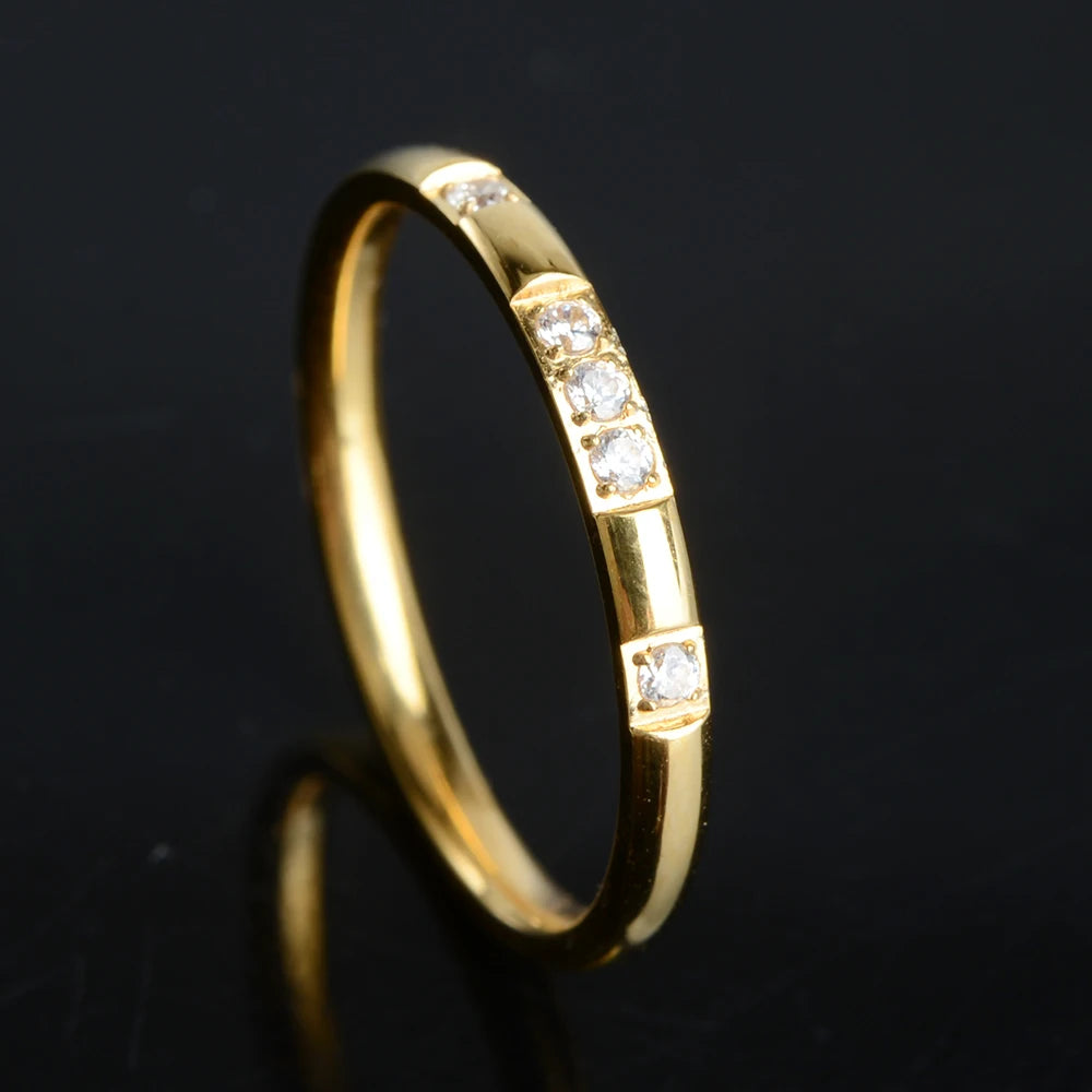 2mm Gold Silver-Color Smooth Wedding Rings With AAAAA Cubic Zirconia For Women 316L Stainless Steel