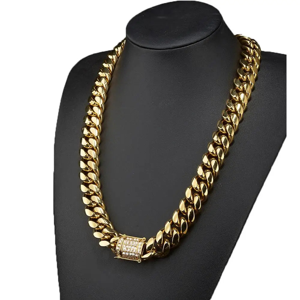 Stainless Steel Silver Color Cuban Miami Chains Necklaces CZ Zircon
