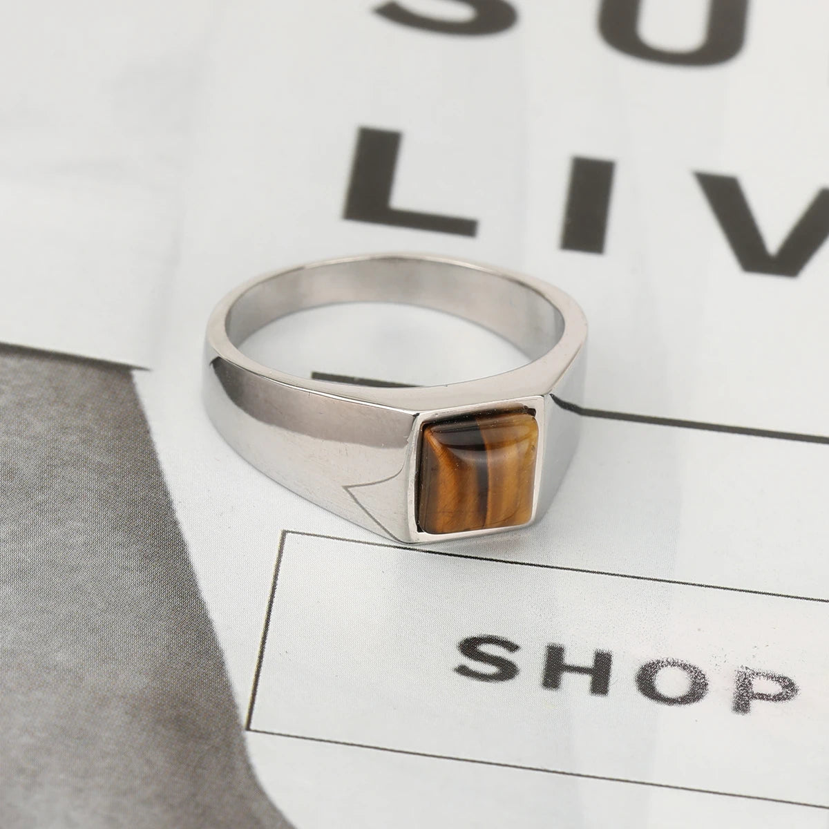 316L Stainless Steel With Tiger Eye Stone Ring For Men Women