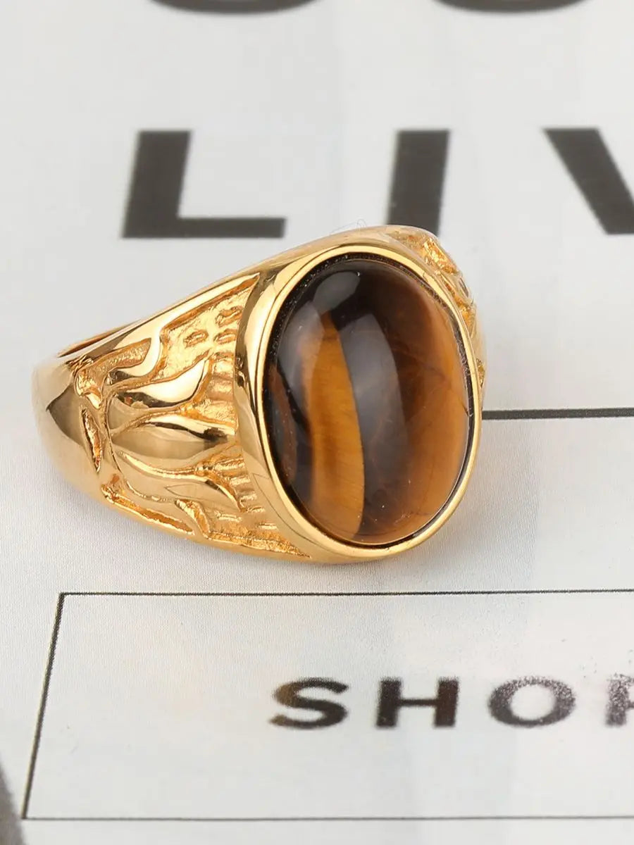 316L Stainless Steel With Tiger Eye Stone Ring For Men Women