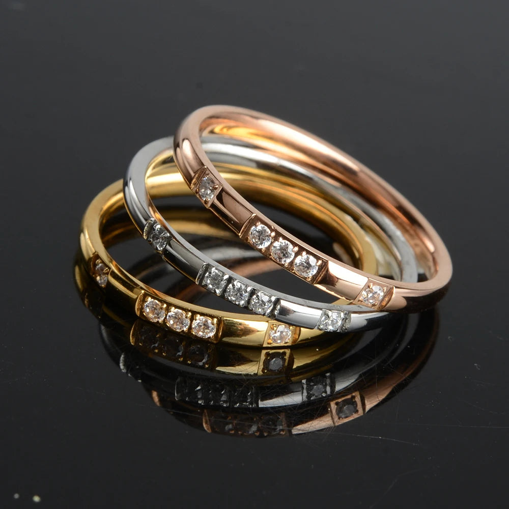 2mm Gold Silver-Color Smooth Wedding Rings With AAAAA Cubic Zirconia For Women 316L Stainless Steel