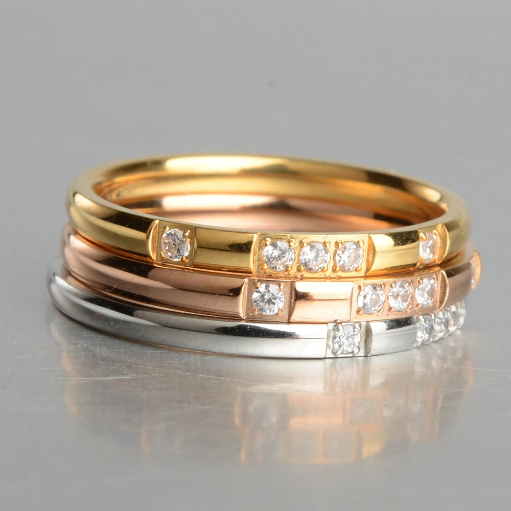 2mm Gold Silver-Color Smooth Wedding Rings With AAAAA Cubic Zirconia For Women 316L Stainless Steel