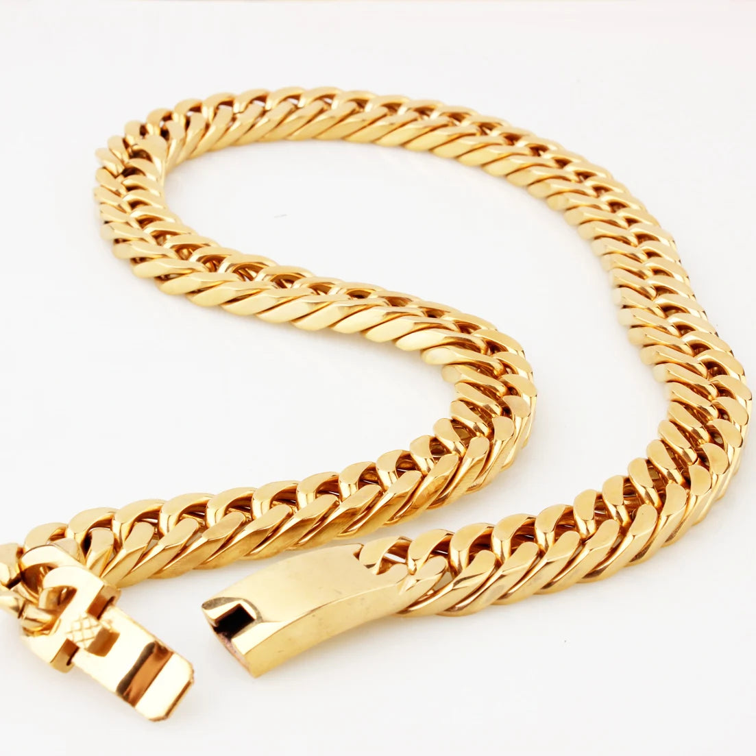 15mm 7-40inch Gold Color Stainless Steel Jewelry Curb Cuban Link Chain Choker Men's Necklace