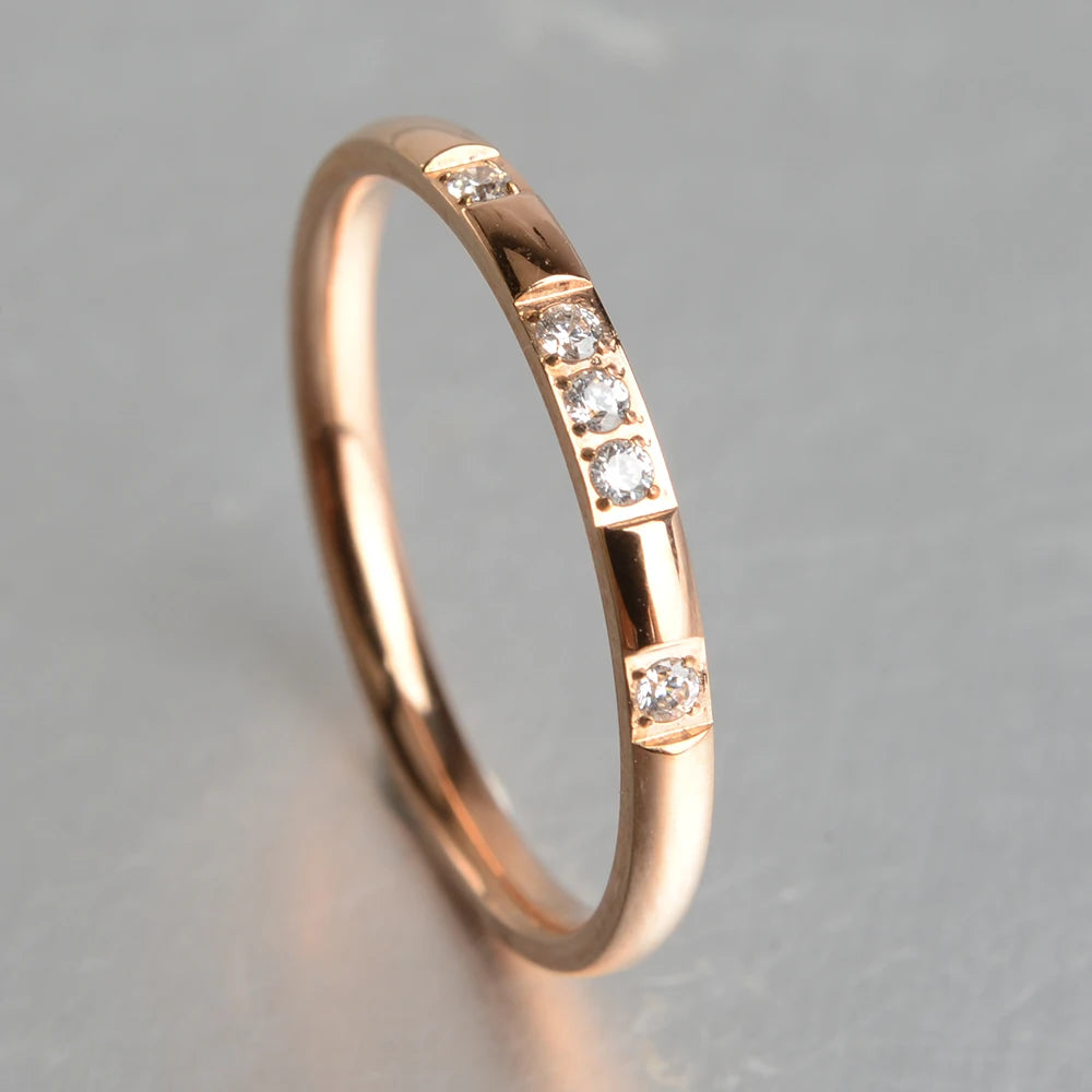 2mm Gold Silver-Color Smooth Wedding Rings With AAAAA Cubic Zirconia For Women 316L Stainless Steel