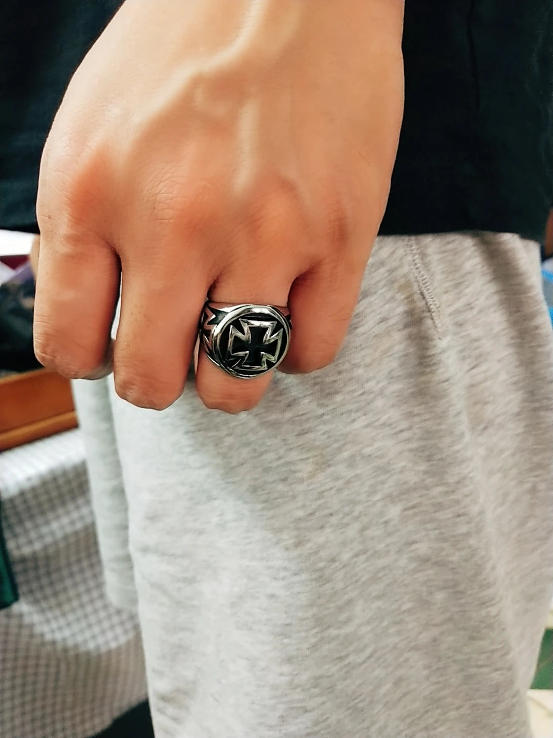 316L Stainless Steel High quality Cool Fashion Iron Cross Ring Man Black Oil Painting jewelry