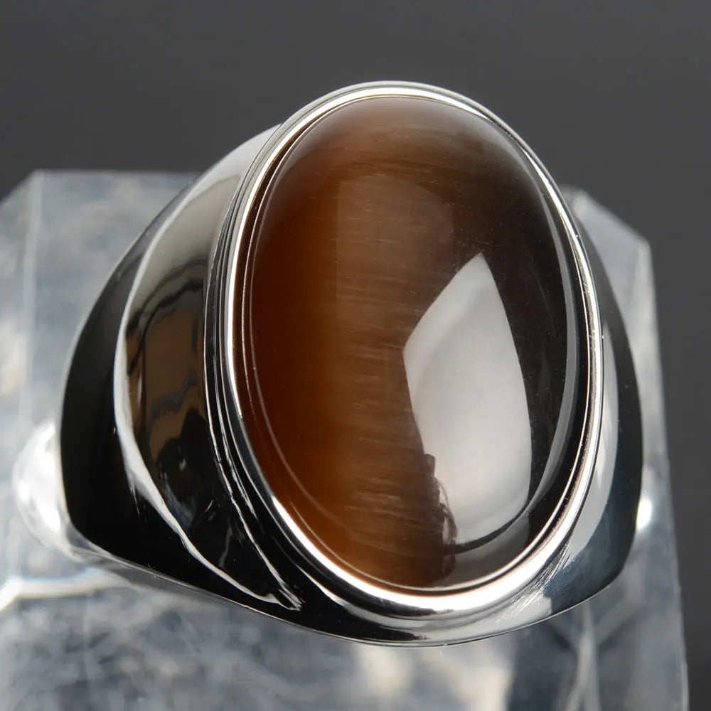 Stainless Steel RING FOR MEN WOMAN With White Oval Cat's Eye Opal Silver Color Exaggerated Decorate Fashion Jewelry
