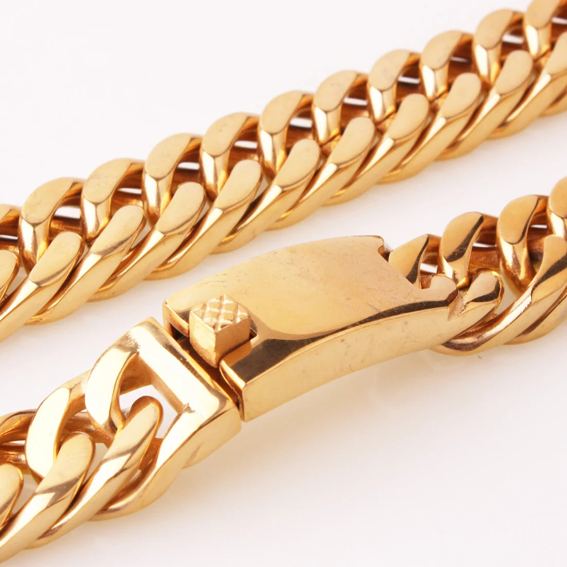 15mm 7-40inch Gold Color Stainless Steel Jewelry Curb Cuban Link Chain Choker Men's Necklace