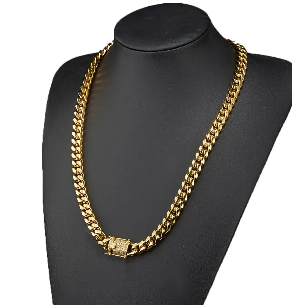 Stainless Steel Silver Color Cuban Miami Chains Necklaces CZ Zircon