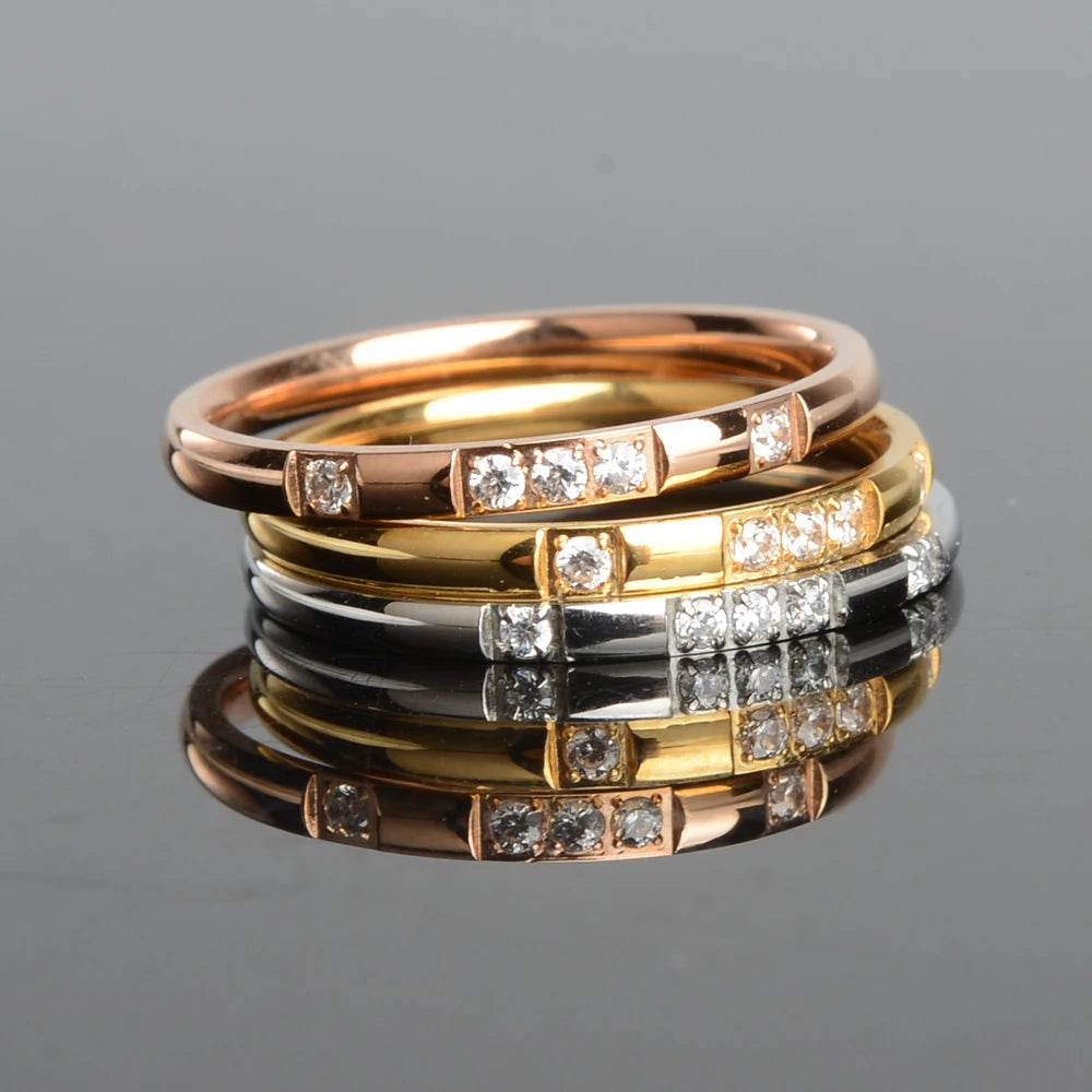 2mm Gold Silver-Color Smooth Wedding Rings With AAAAA Cubic Zirconia For Women 316L Stainless Steel