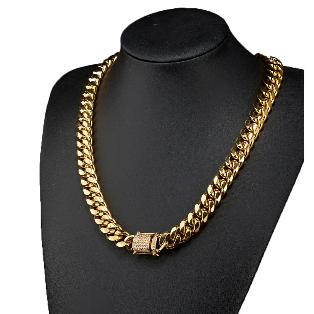 Stainless Steel Silver Color Cuban Miami Chains Necklaces CZ Zircon