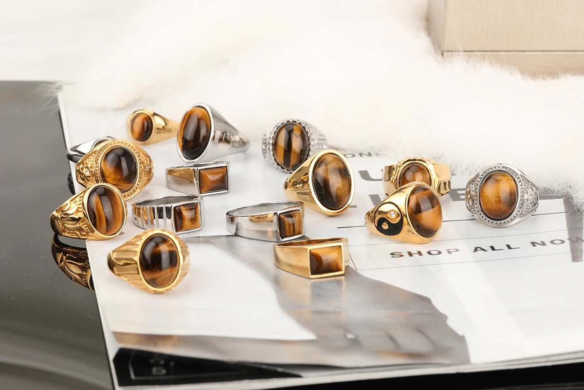 316L Stainless Steel With Tiger Eye Stone Ring For Men Women