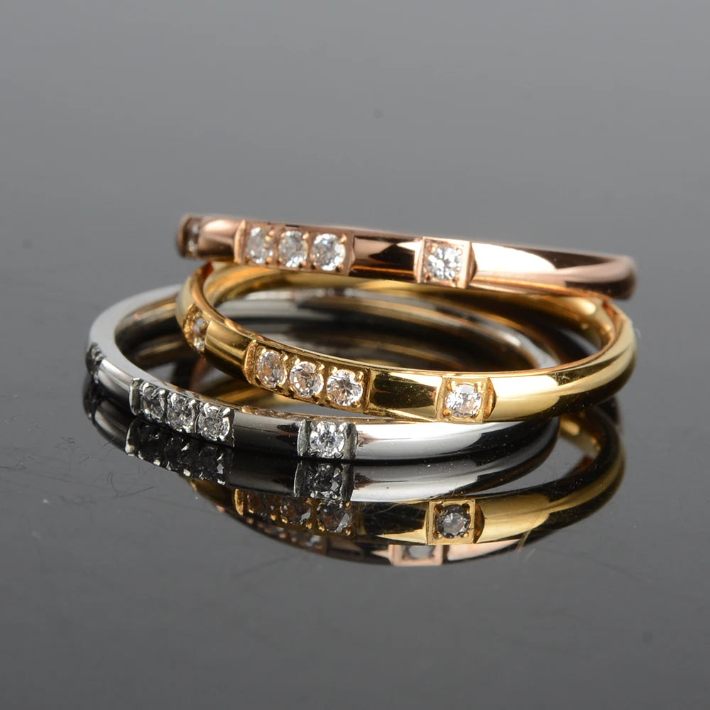 2mm Gold Silver-Color Smooth Wedding Rings With AAAAA Cubic Zirconia For Women 316L Stainless Steel