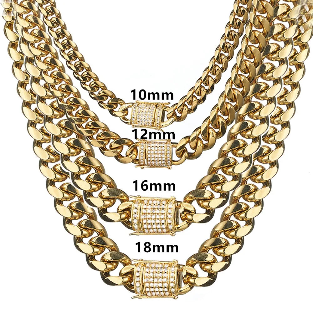 Stainless Steel Silver Color Cuban Miami Chains Necklaces CZ Zircon