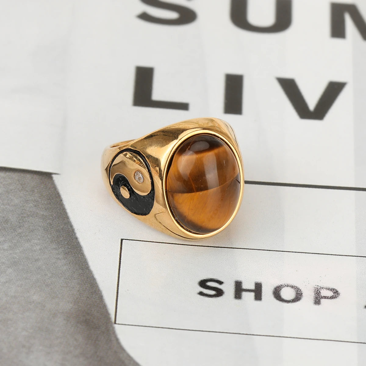 316L Stainless Steel With Tiger Eye Stone Ring For Men Women
