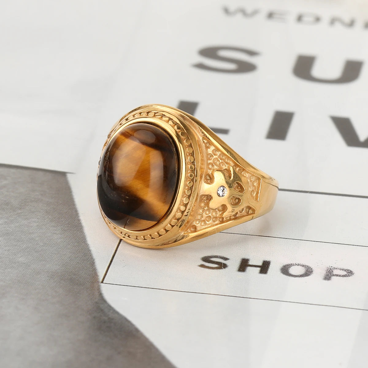 316L Stainless Steel With Tiger Eye Stone Ring For Men Women