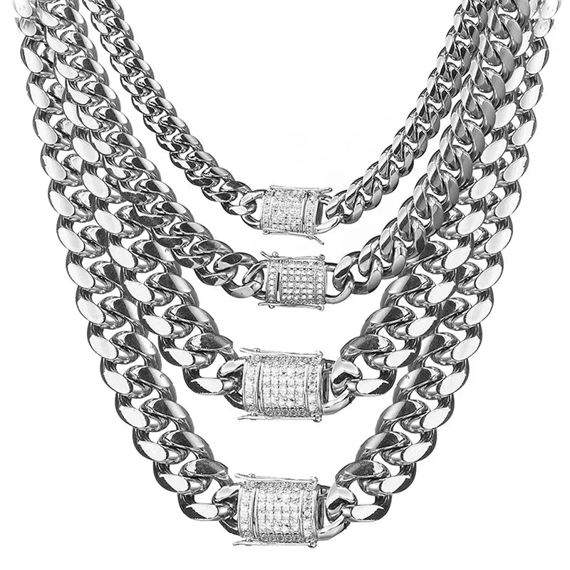 Stainless Steel Gold Color Cuban Miami Chains Necklaces CZ Zircon