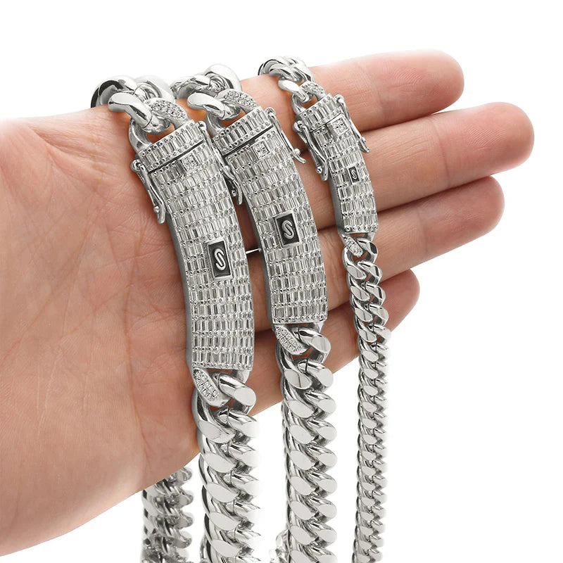 6-14mm Silver Color Stainless Steel Cuban Miami Chains Necklaces Bracelet CZ Zircon