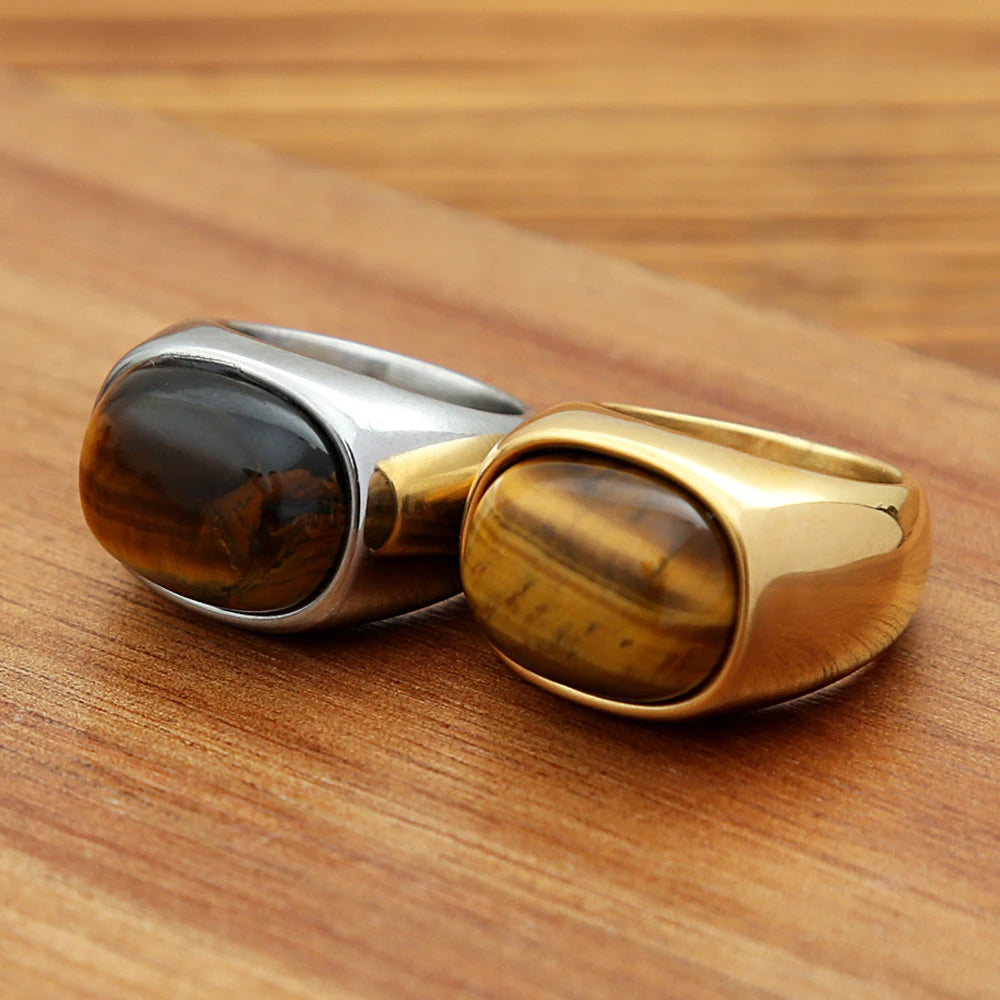Golden Color Tiger Eye Brown Stones Rings Stainless Steel