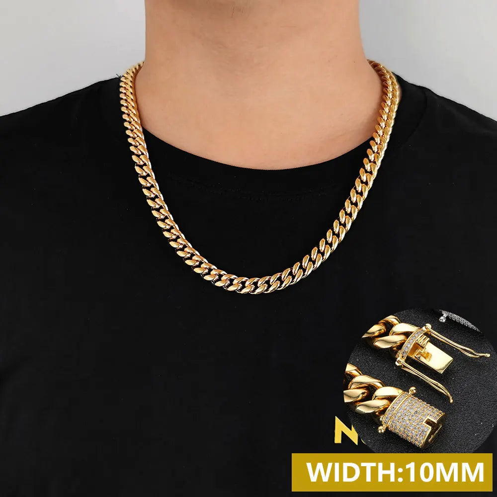 6-16mm Iced Clasp Cuban Link Chain Miami Stainless Steel Necklace Gold Color