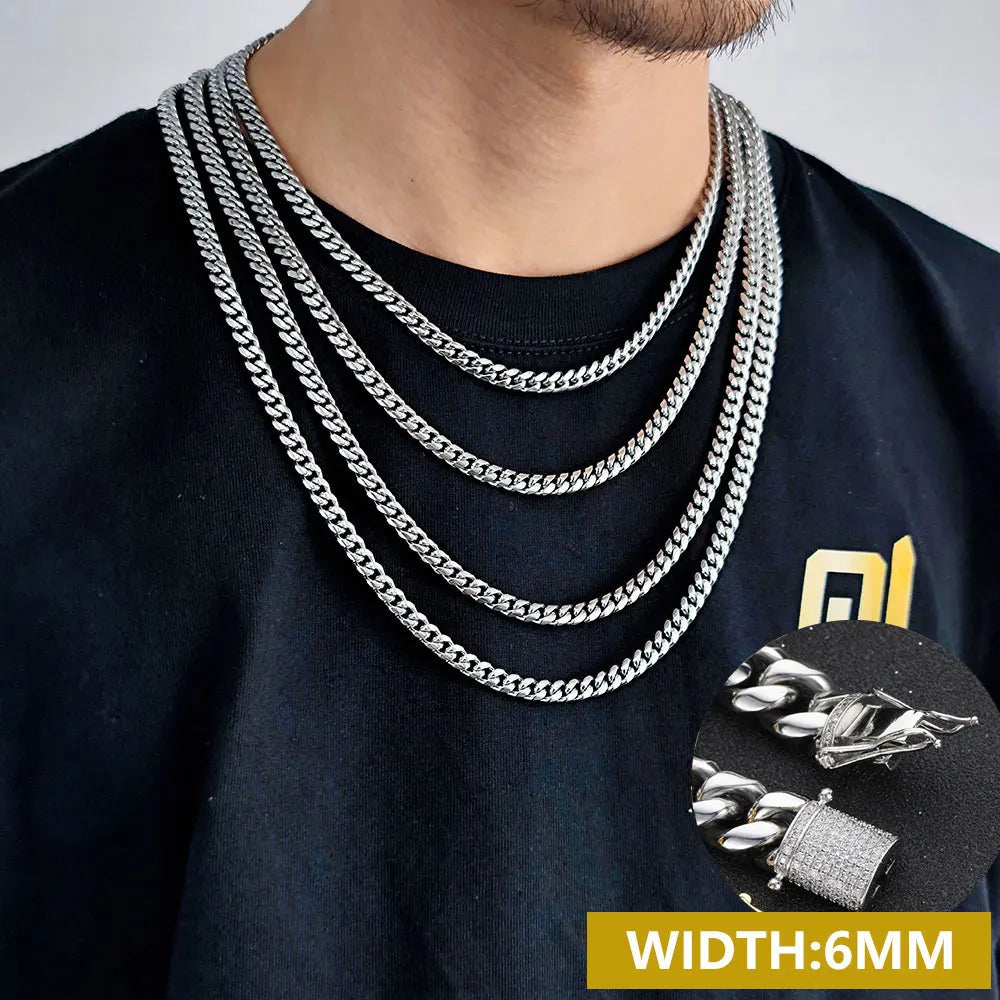 6-16mm Iced Clasp Cuban Link Chain Miami Stainless Steel Necklace Gold Color