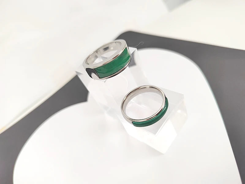 Classic Silver Color Stainless Steel Rings for Women Men Channel Setting Green Opal Simple Wedding Bands Engagement Jewelry