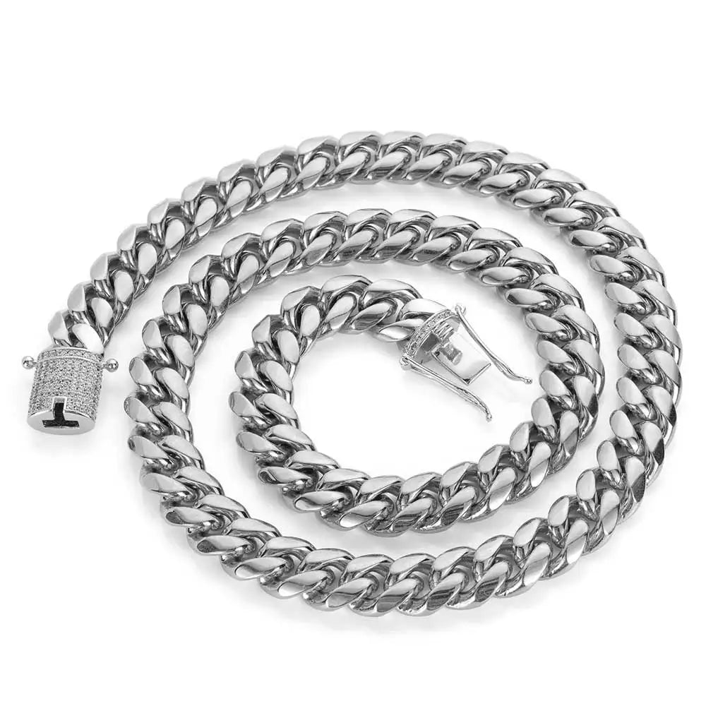 6-16mm Iced Clasp Cuban Link Chain Miami Stainless Steel Necklace Gold Color