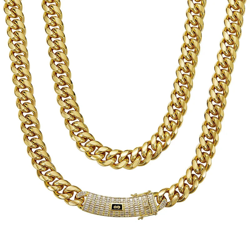 6-14mm Gold Color Stainless Steel Cuban Miami Chains Necklaces CZ Zircon