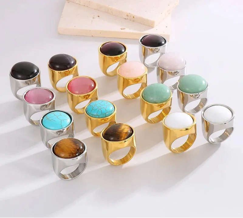 Colorful Glass Shell Pearl Large Rings for Women Men Gold Silver Color Stainless Steel
