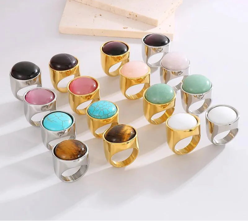 Colorful Glass Shell Pearl Large Rings for Women Men Gold Silver Color Stainless Steel