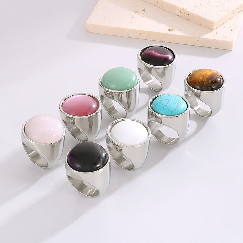 Colorful Glass Shell Pearl Large Rings for Women Men Gold Silver Color Stainless Steel
