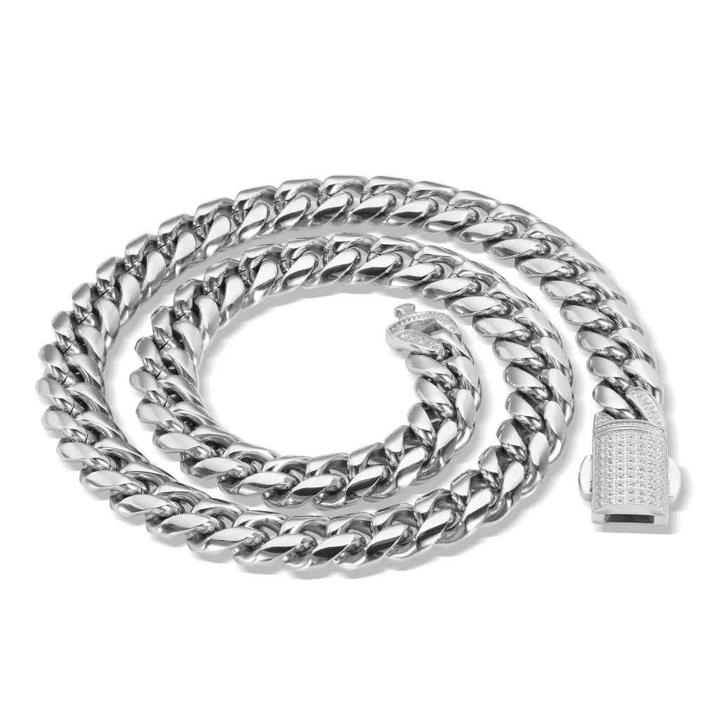 12mm Stainless Steel Homme Cadena Miami Cuban Link Chain Men Rapper Rock Necklace