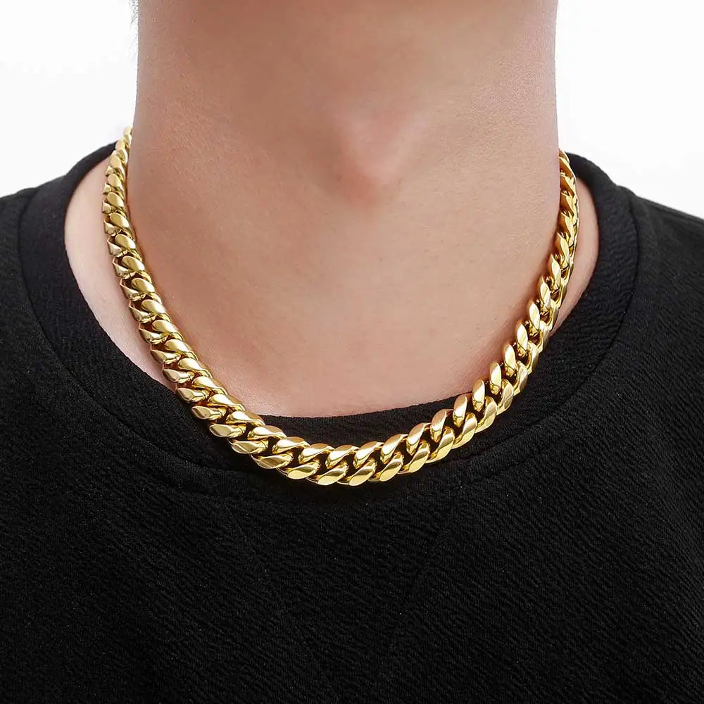 6-16mm Iced Clasp Cuban Link Chain Miami Stainless Steel Necklace Gold Color