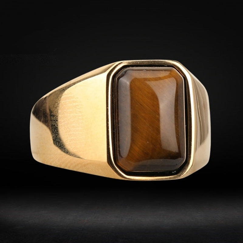 Natural Gemstone Tiger Eye Signet Ring Stainless Steel Waterproof