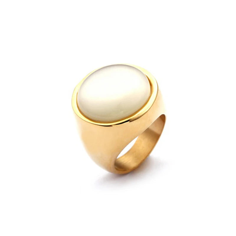 Colorful Glass Shell Pearl Large Rings for Women Men Gold Silver Color Stainless Steel